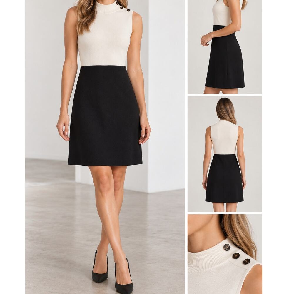 Talbots Petite Sweater Dress Colorblock Black Ivory Button Shoulder SP